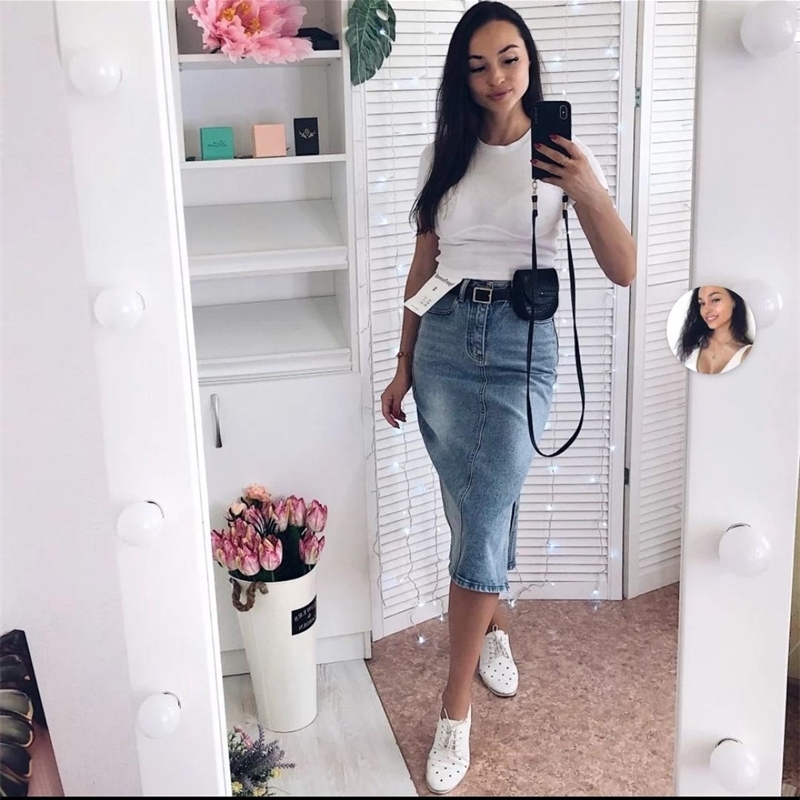 Long Denim Skirt Women Vintage High Wasit Jeans Skirt with Belt Plus Size Straight Aline Pencil Skirt Elegant Summer Chic T200324