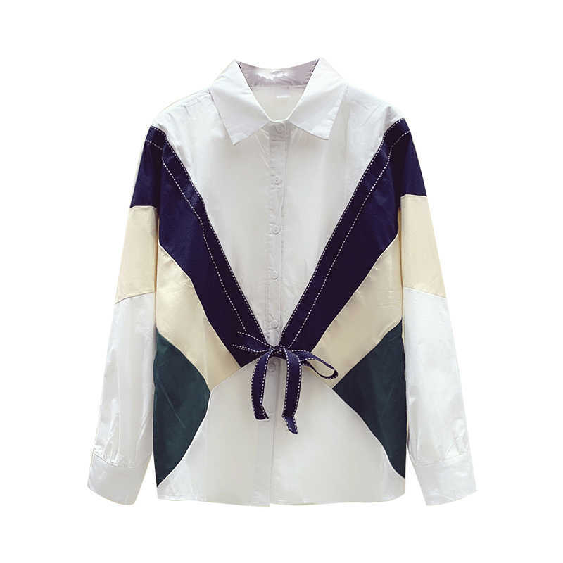 Spring and Summer Korean-style Casual Women Shirts Loose-Fit Bow Lace-up Shirt Women's Patchwork 210615Z