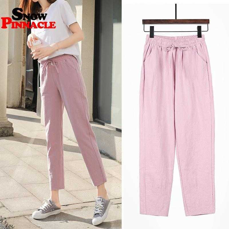Womens Spring Summer Pants Cotton Linen Solid Elastic waist Candy Colors Harem Trousers Soft high quality for Female ladys S-XXL 210524