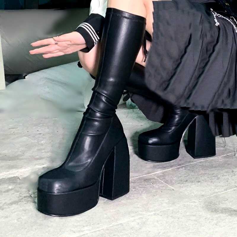 punk style autumn winter boots elastic microfiber shoes woman ankle high heels black thick platform long knee 210826