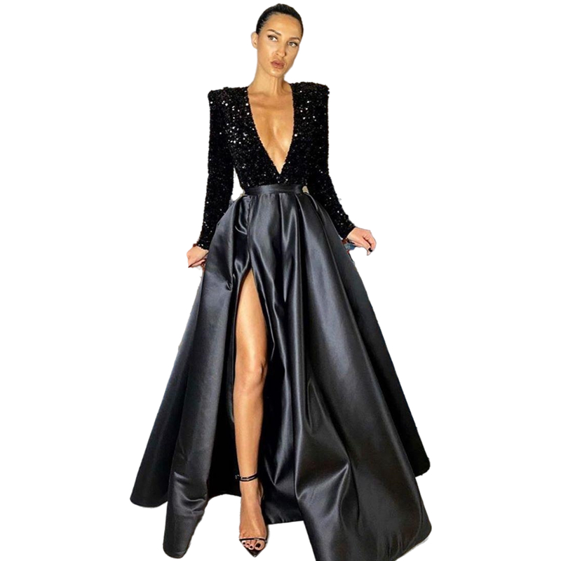 Sexy Side Split Black Prom Dresses 2022 Deep V Neck Sparkly Sequined Top Long Sleeve Floor Length Pageant Party Gowns Formal Evening Dress