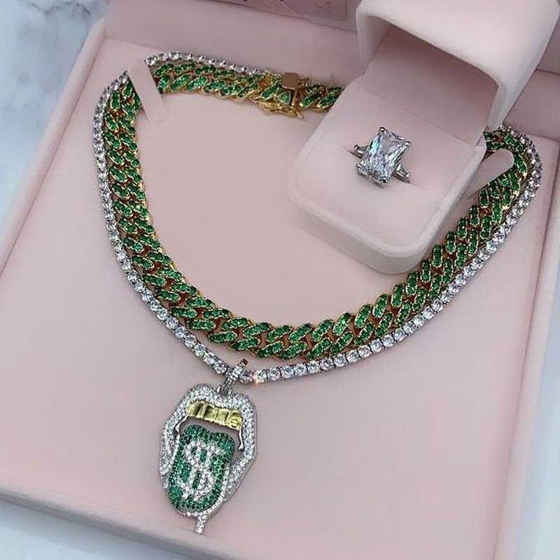 Iced Out Bling 5A CZ Sexy Mouth Pendant Necklace Dollar Symbol Micro Pave Dripping Lips Silver Color Tennis Hip Hop Women