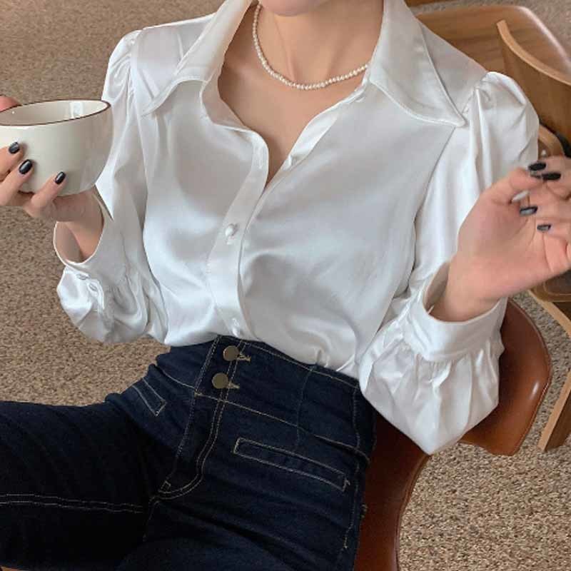 Korean Bubble Sleeve Loose Satin Button Lapel Shirt Elegant Women Shirt Tops White New Chic Women Blouse Blusas Mujer 12635 220311