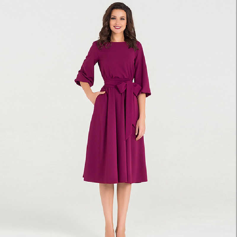 QRWR Summer Autumn Women Dress Solid Color High Waist A Line Ladies Midi Dresses Casual Puff Sleeve Vintage Dress Women 210630