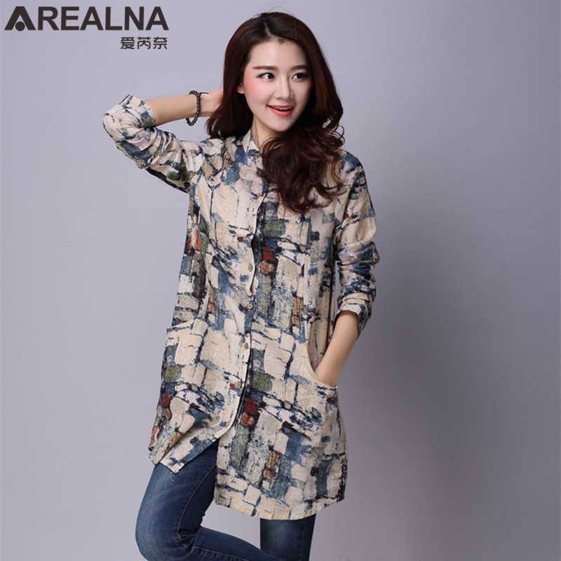 Fashion Cotton Linen Women Blouses Vintage Funky Button Up Shirt Tunic Long Sleeve Floral Print Blouse Female Plus Size Top 210225