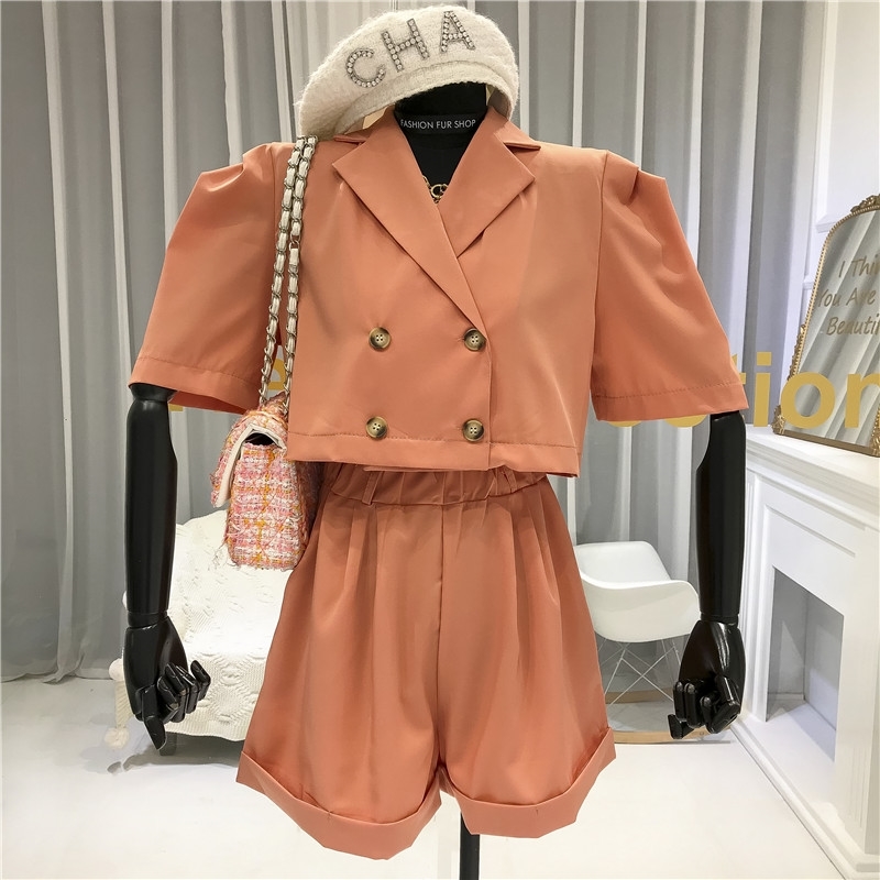 Summer Fashion 2 Piece Sets Womens Outfits Crop Jackets Double Breasted Turndown Collar Streetwear high Waist Shorts