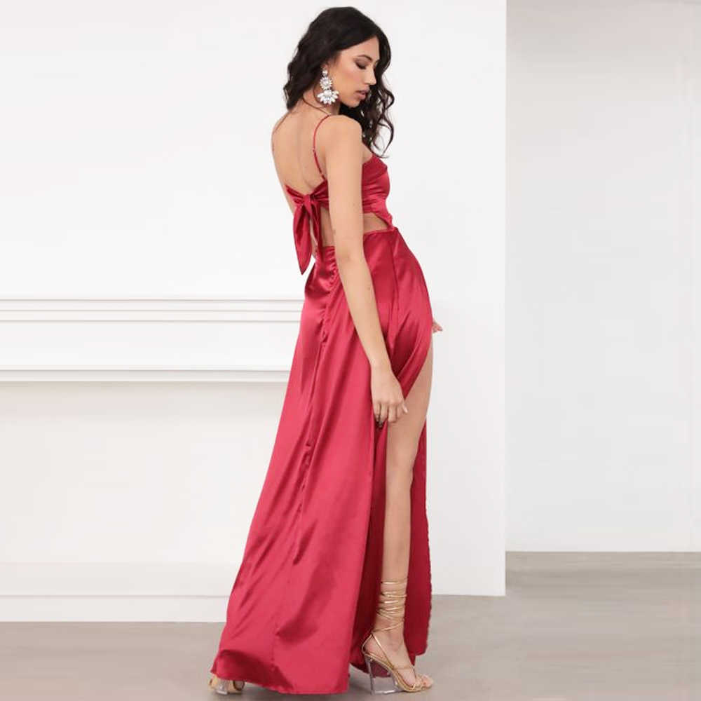 Sexy Summer Long Satin Dress BOW Straps Lace Up 2 Slits Green Blue Red 210623