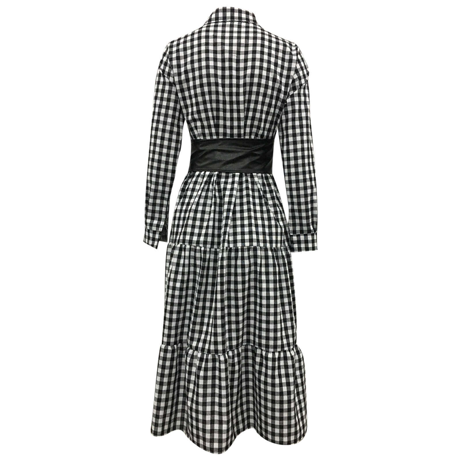 Women's Casual Sundress Spring Lapel Shirt Dress Long Sleeve Mid-Claf Vestidos Female Button Robe Belted Plaid Turn-down Collar 210630