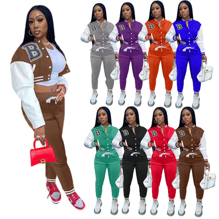 Women Baseball Uniform Tracksuits Fashion Trend Patchwork Letter Embroidery Jacket Joggers Pants Outfits Designer Female 2 Two Piece Sets, Pink 
Women Baseball Uniform Tracksuits Fashion Trend Patchwork Letter Embroidery Jacket Joggers Pants Outfits Designer Female 2 Two Piece Sets, Pink