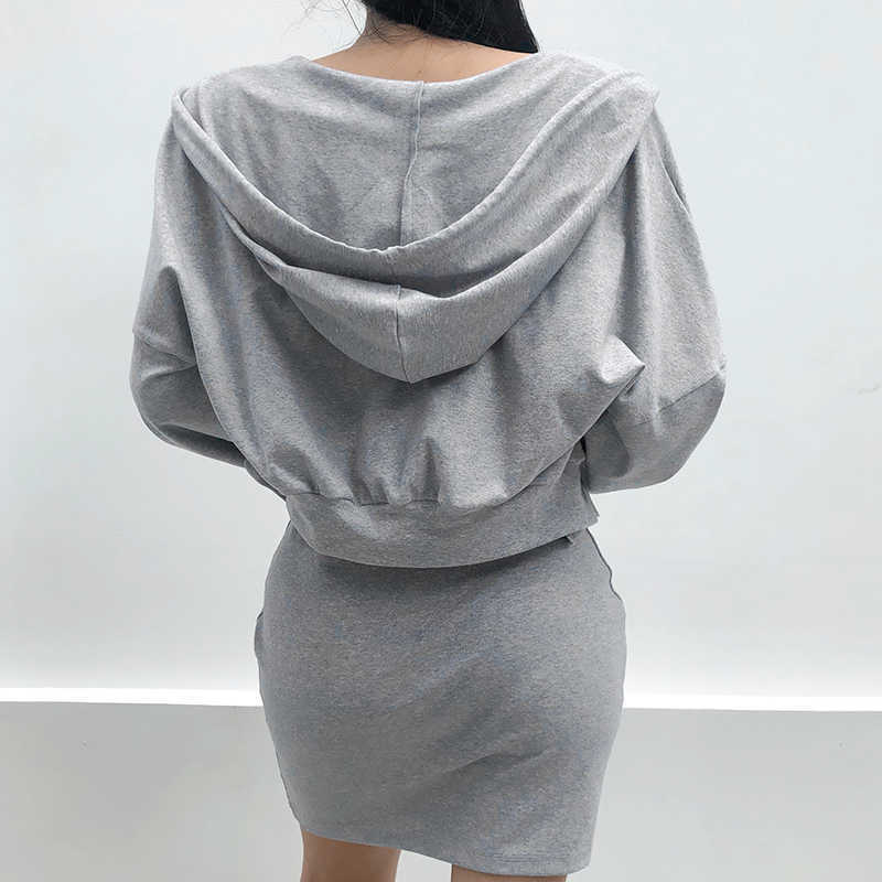 Gray Zip Up Hoodie Crop Top And Strap Button Dress Cotton Two Piece Set Tracksuit Women Autumn Sweatsuit Outfits Streetwear 210708