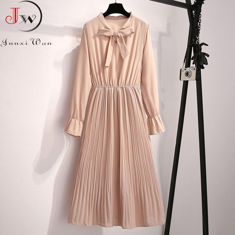 Solid Color Long Women Dress Vintage Elegant Bow Collar Shirt Dress Ladies Long Sleeve Autumn Winter Casual Dresses 210309