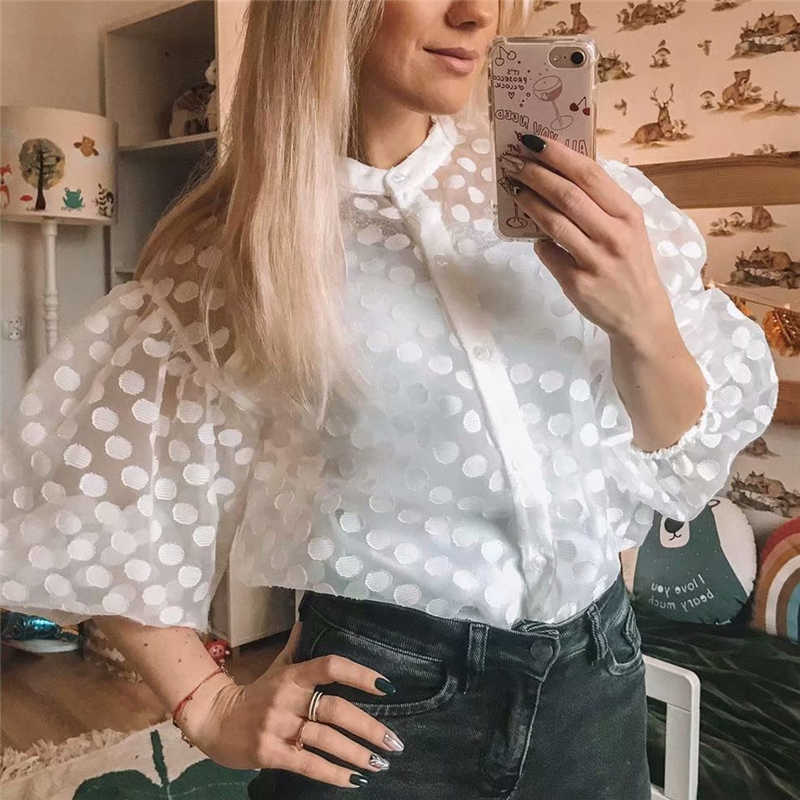 EXQJ Elegant Women Sexy Transparent Ploka Dot Shirts Fashion Ladies O-Neck Tops Sweet Female Chic Puff Sleeve Blouses 210527