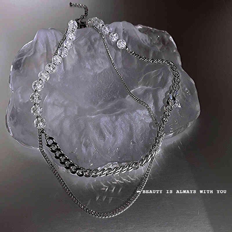 Cold Wind Ice Crack Crystal Beads Fold Sweater Chain 2021 Minority Necklace Women's Hip Hop Men's Fashion
