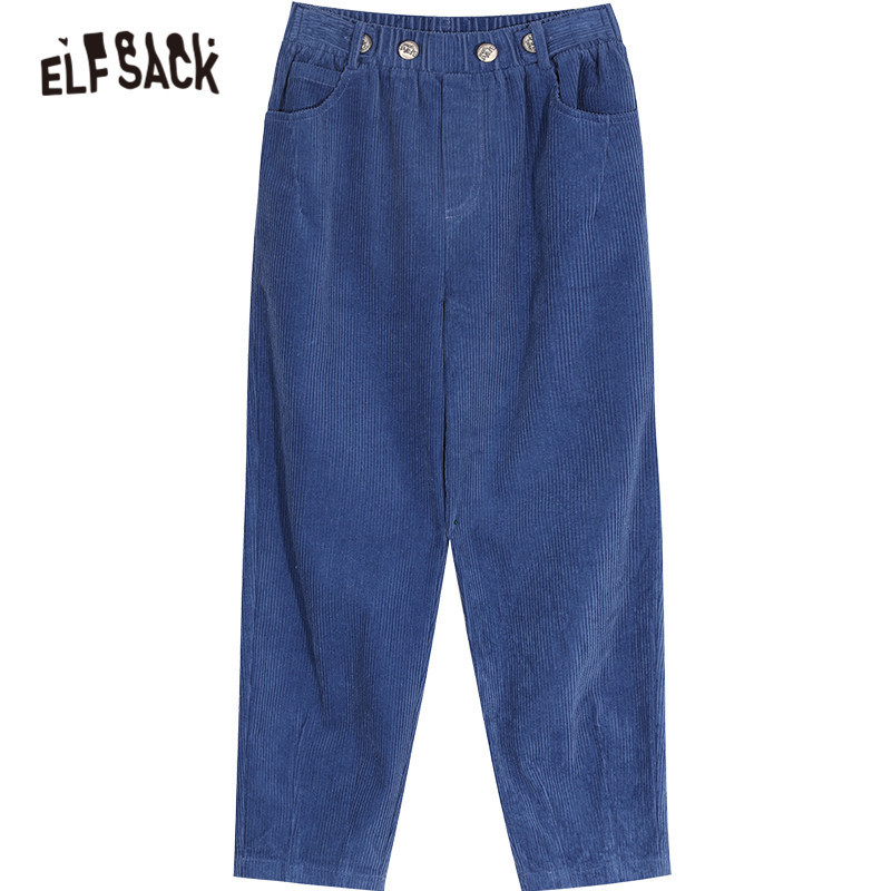ELFSACK Blue Solid Corduroy Korean Casual Women Pants Spring Apricot Elastic Waist Straight Ladies Basic Daily Trouser 201012
