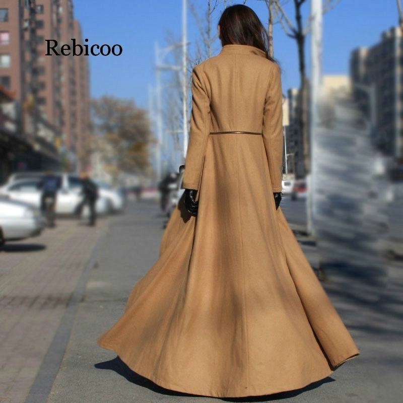 Women Wool Blends Autumn And Winter Large Size Goddess Slim Big Swing Split Ends Mopping Long Section Woolen Cloth Coat T200828