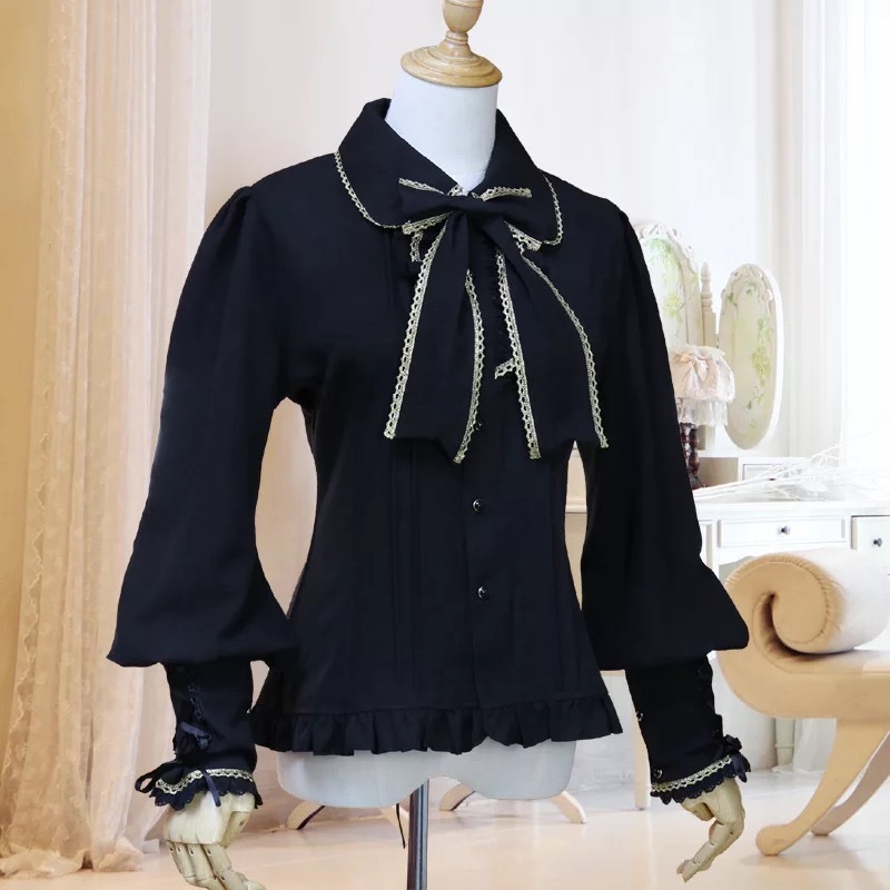 Dress Shirt Steampunk Victorian Costume Women Vintage Slim Fit Chiffon Blouse Lolita Bow Tie Lantern Sleeves Top Braid For Lady 210225