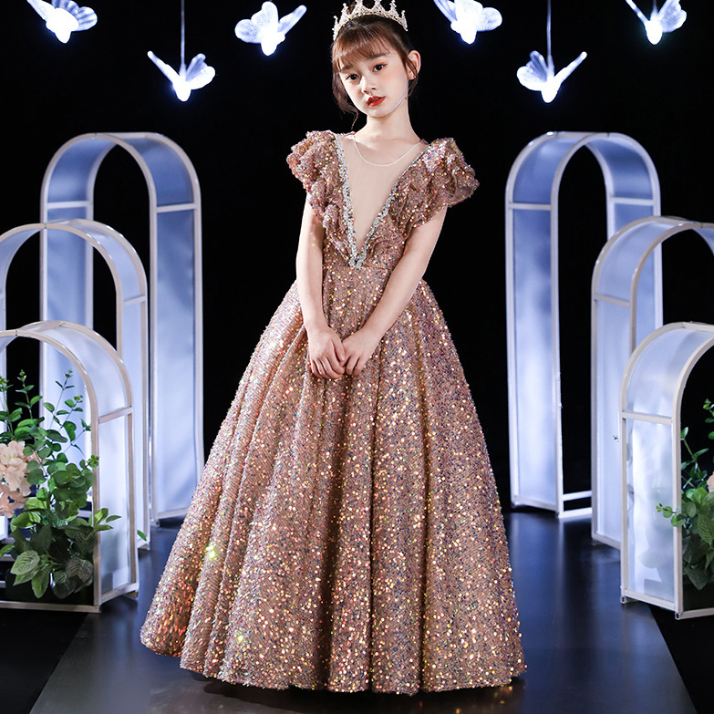 Gold Sequin Toddler Ball Gowns Girls Pageant Jewel Long Deep V Neck Formal Kids Party Gown Flower Girl Dresses For Weddings 403