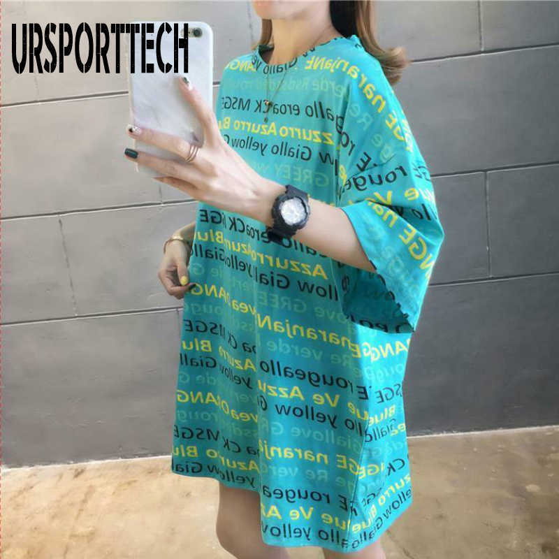 URSPORTTECH Womens Tshirts Letter Printed Long T Shirt Women Summer Short Sleeve Shirt Female Oversized Casual Harajuku Tops Tee 210528