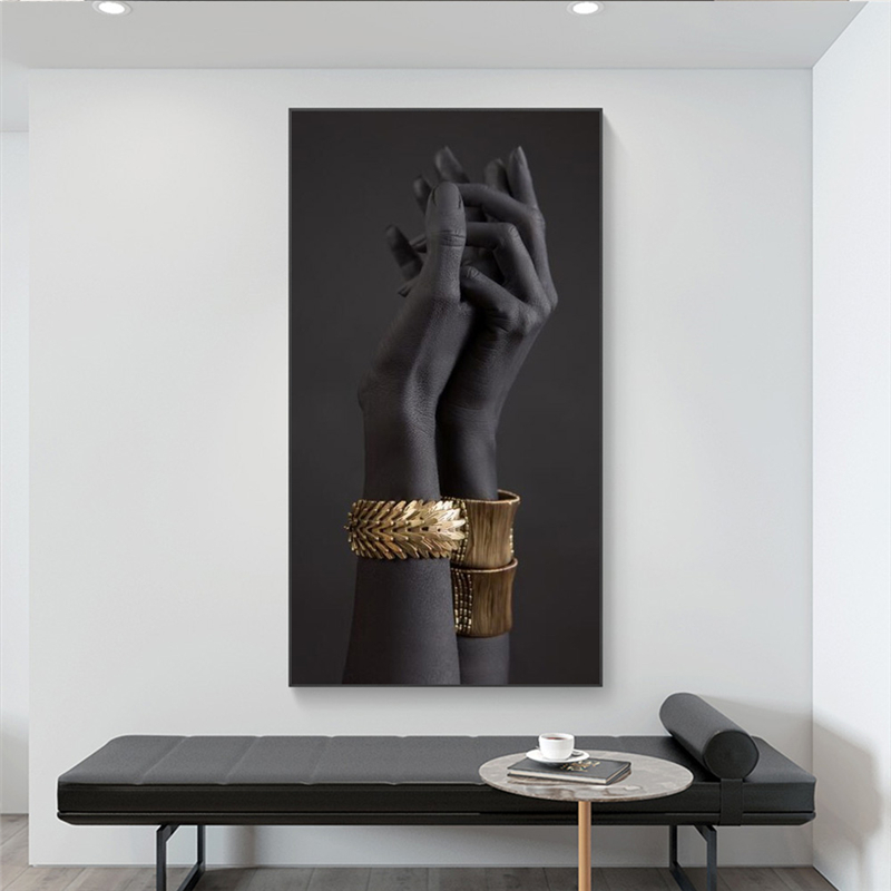 Black Woman's Hand Print Canvas Painting Gold Jewelry Posters And Prints Cuadros African Wall Art Pictures Home Decoration Mural
