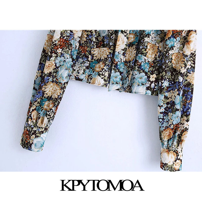 KPYTOMOA Women Fashion With Bow Tie Floral Print Cropped Blouses Vintage Long Sleeve Button-up Female Shirts Chic Tops 210225