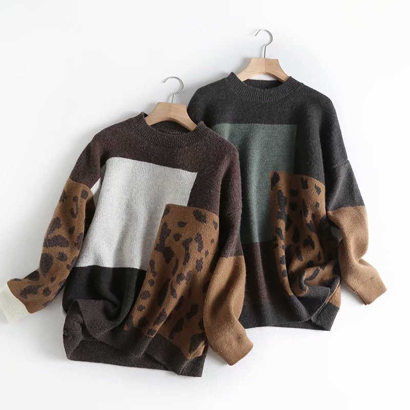 H.SA Women Vintage Leopard Pullover And Sweaters Winter Patchwork Brown Knit Jumpers Loose Style Korean Slim Pull Jumpers 210918