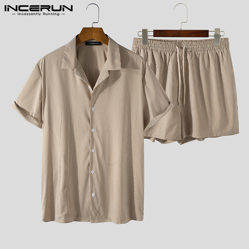 INCERUN Men Striped Sets Lapel Short Sleeve Shirt Shorts Streetwear Vacation 2021 Hawaiian Casual Men Suits 2 Pieces S-5XL Y0305, Khaki