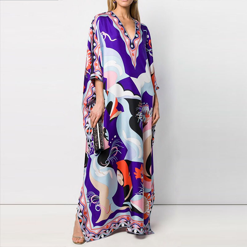 DEAT Vneck Flare Sleeves Colorful Printed Floor Length Pullover Loose Plus Size Spring And Summer Dress Female WK74111L 201008