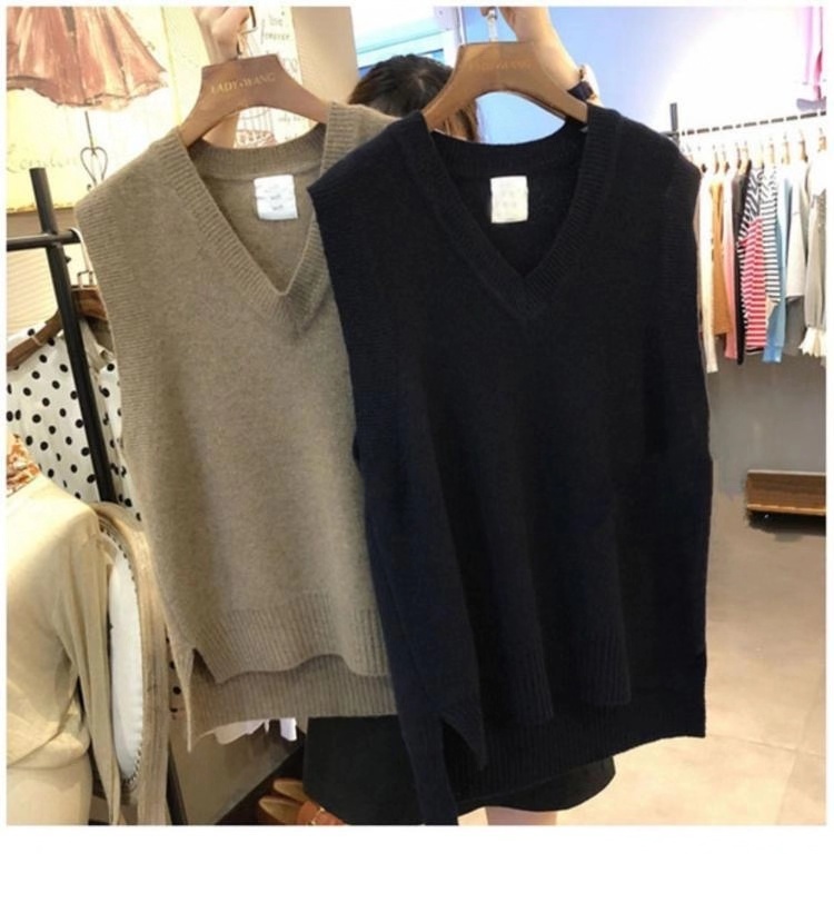 New V neck Girls Pullover vest sweater Autumn Winter short Knitted Women Sweaters vest Sleeveless Warm Sweater Casual oversize 210308