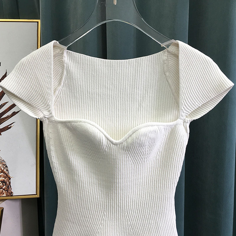 TWOTWINSTYLE Casual Knitting Shirt Women Square Collar Short Sleeve Slim Tunic Blouse Female Fashion Clothing Spring 210308