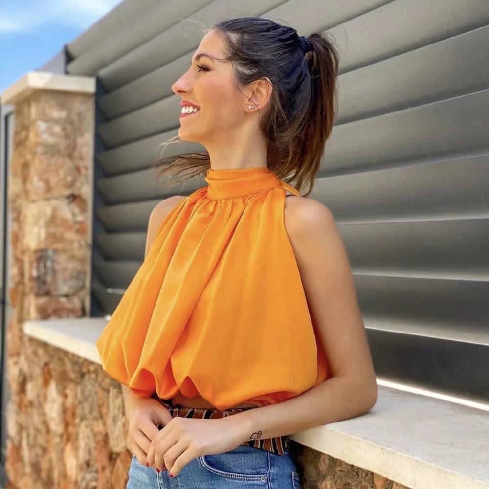 Klacwaya Women Sexy Blouses Orange Crop Ladies Shirts Halter Sleeveless Girl Summer Blusas Clothing Female Chic Tops 210225