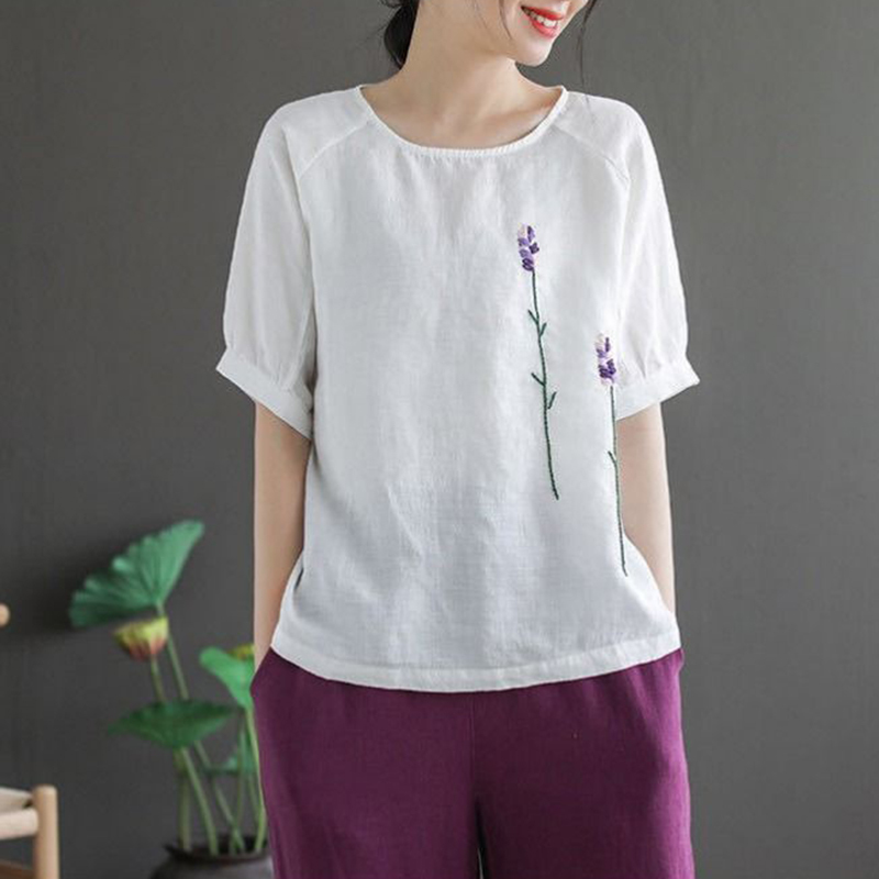 T-shirts Women Summer Vintage Floral Embroidery Casual Tops Shirt New Fashion All-match Cotton Linen Female Tee Shirt P683 210306