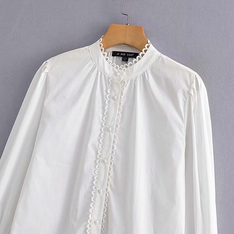 women elegant lace wave edge decprate white blouse shirts women stand collar office blusas chic autumn feminina tops LS4246 T200322