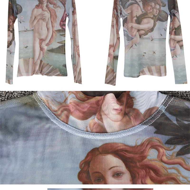 Korea Female Sexy Tee Tops Print Elastic Mesh Top Painting Long Sleeve Women Shirts Vintage Blouse blusas Tattoo clothes Q549 210225