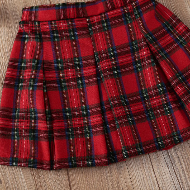Christmas Baby Clothes Sets Spring Autumn Girls Outfits Xmas Tree Black Round Neck Print Long Sleeve Hoodie+Red Plaid Skirt Kids Clothing