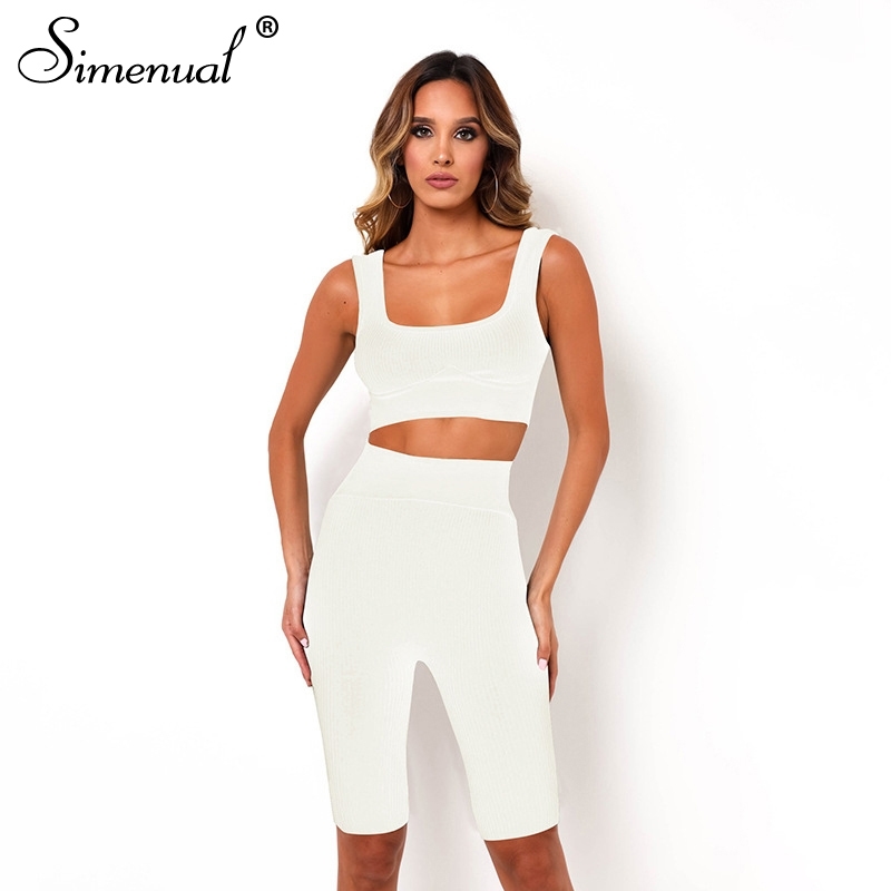 Simenual Bodycon Solid Ribbed Matching Sets Women Sleeveless Active Wear Sporty Two Piece Outfits Crop Top And Biker Shorts Set T200607