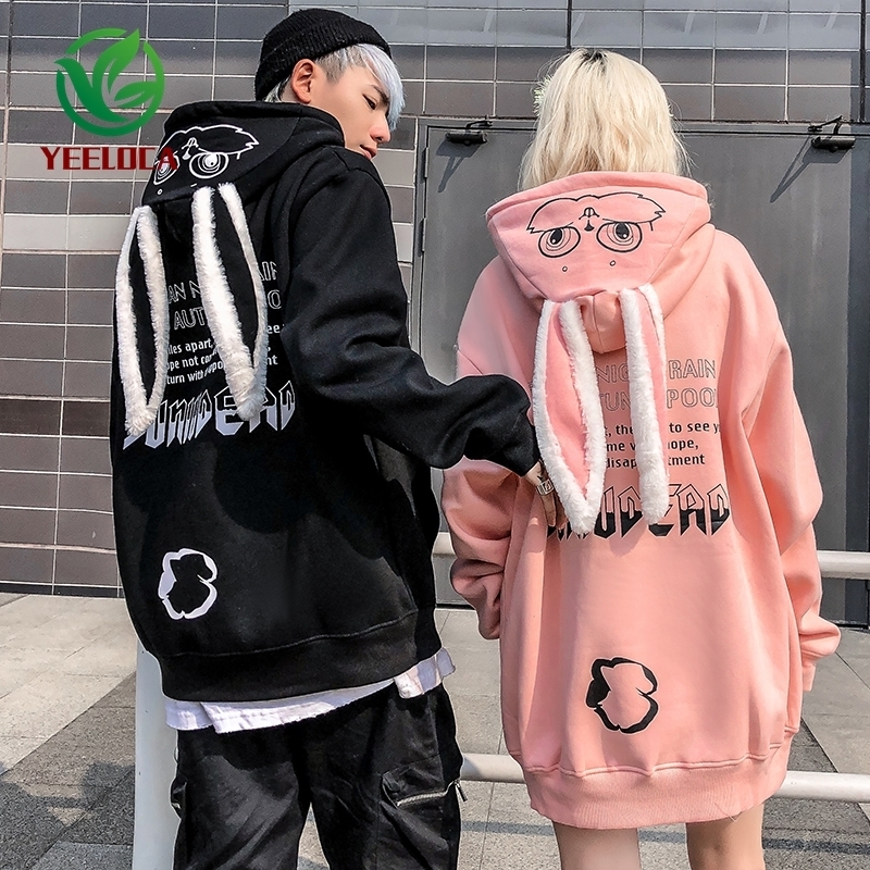 Autumn Winter Thicken Rabbit Ears Hooded Sweatshirt Casual Couple Personality Oversized Cotton Hoodie Men Women 201020