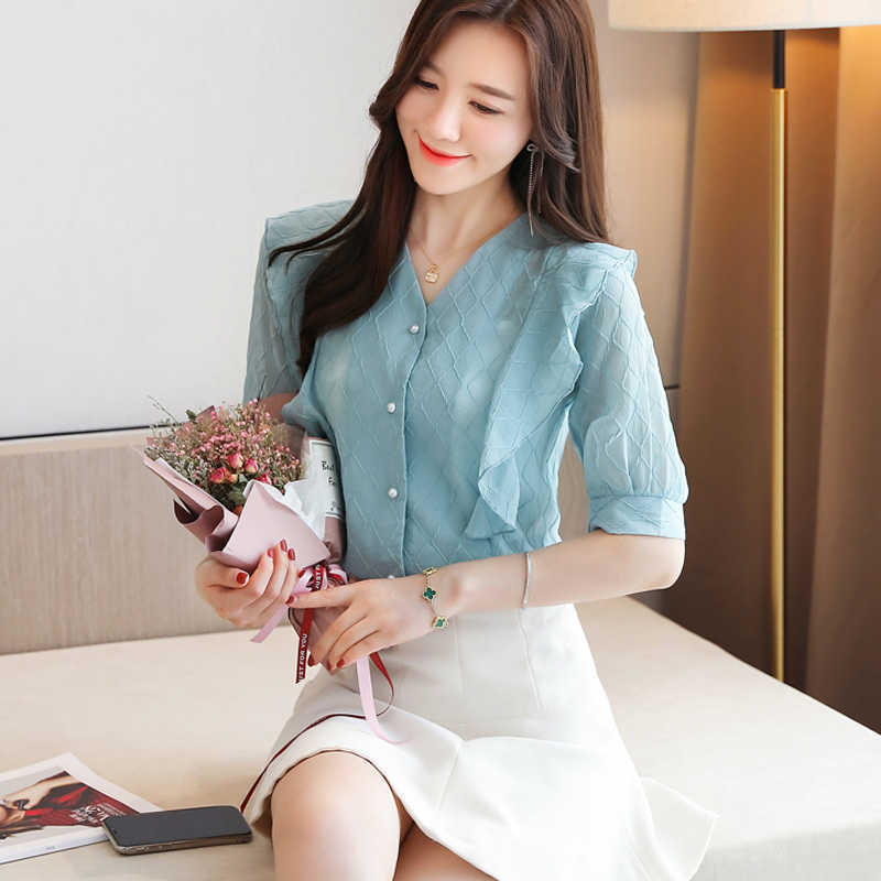 Korean Chiffon Women Blouses Shirts Woman V-neck Mesh Blouse Tops Ruffles Plus Size Blusas Femininas Elegante 210531