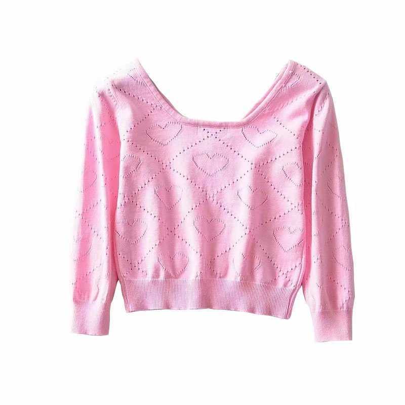 Sexy vintage V-neck folds pink peach heart hollow knit sweaters slim thin 3/4 sleeve short crop tops pullover jumpers for woman 210918