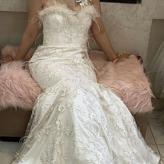 Gorgeous South African Mermaid Wedding Dresses Sheer Neck Feather Lace Appliques Bridal Gowns Princess Sweep Train Wedding