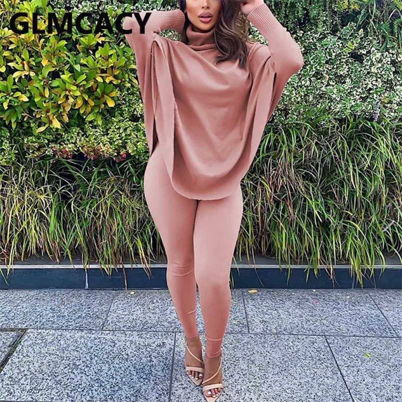Women Two Piece Classy Suits Batwing Sleeve Turtleneck Top & Skinny Pants Set 211007