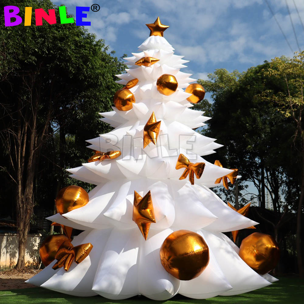 8m Tall LED Lighted Lage White Inflatable Christmas Tree With Golden Balls,Holiday Ornaments Balloon For Outside Night Show