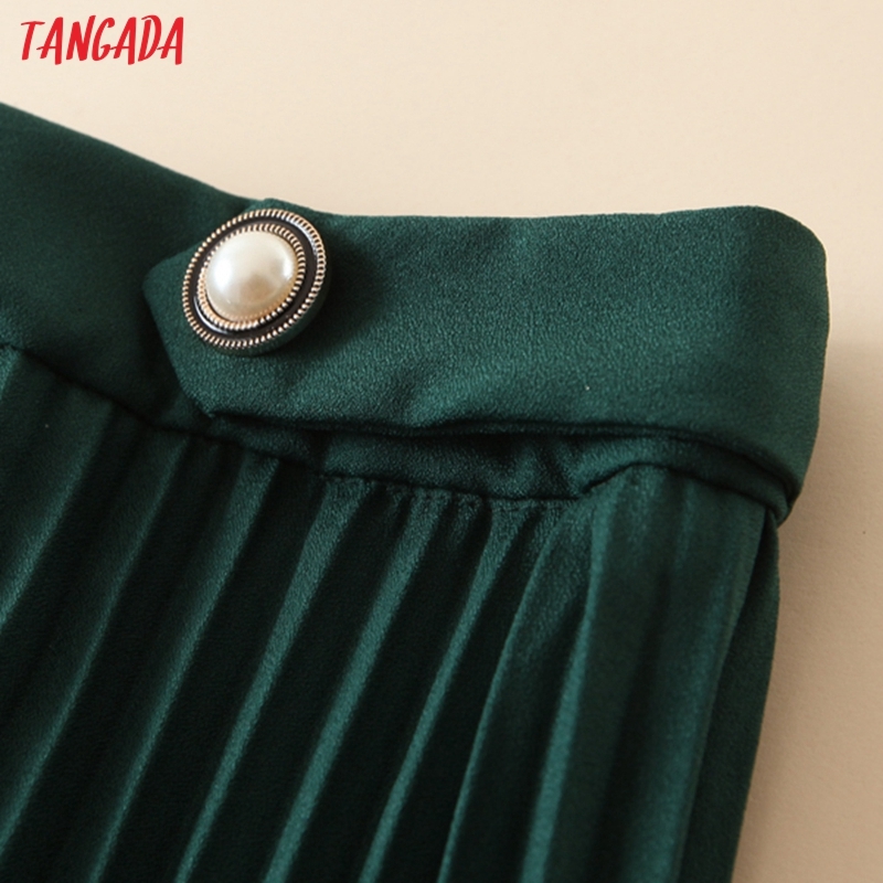 Tangada women green pleated midi skirt button decorate side zipper office ladies elegant chic mid calf skirts QB206 210309