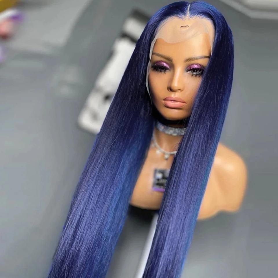 Long Straight Wigs dark Blue Color Glueless Heat Resistant Fiber Hair Synthetic Lace Frontal Wig for Black Women