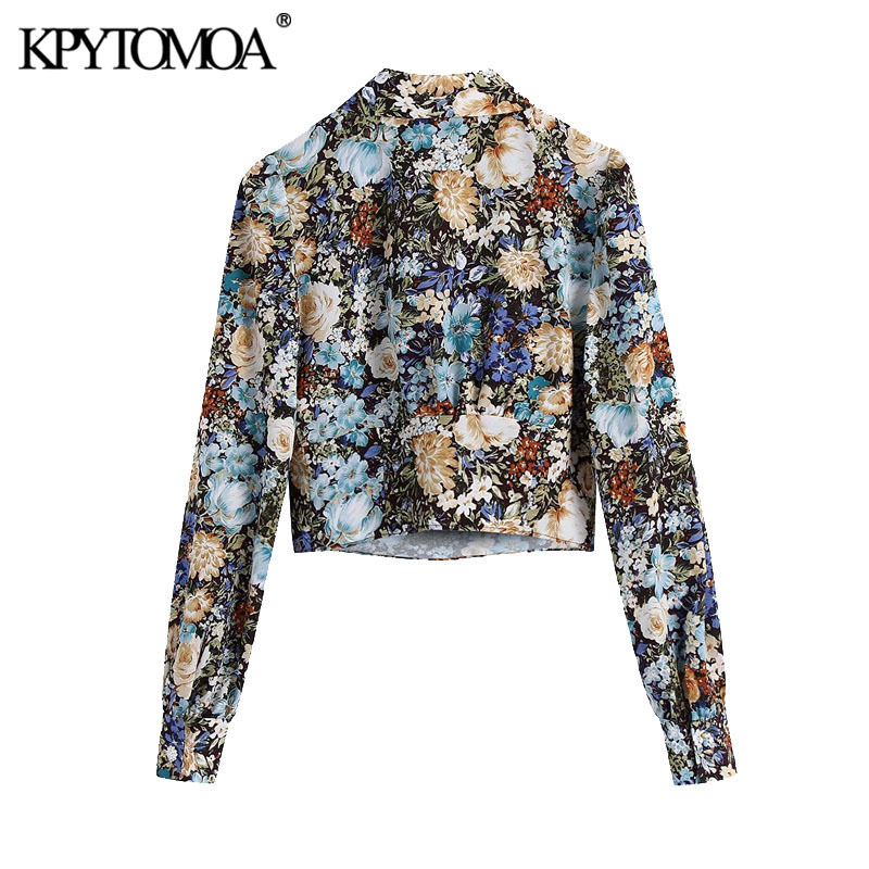 KPYTOMOA Women Fashion With Bow Tie Floral Print Cropped Blouses Vintage Long Sleeve Button-up Female Shirts Chic Tops 210225