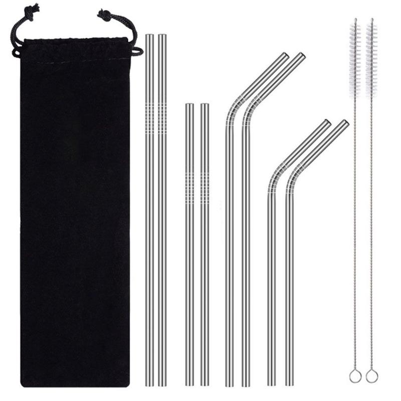 8PCS Reusable Long Stainless Steel Metal Drinking Straws With Cleaning Brushes Set bar accessories metal cocktail straws #007