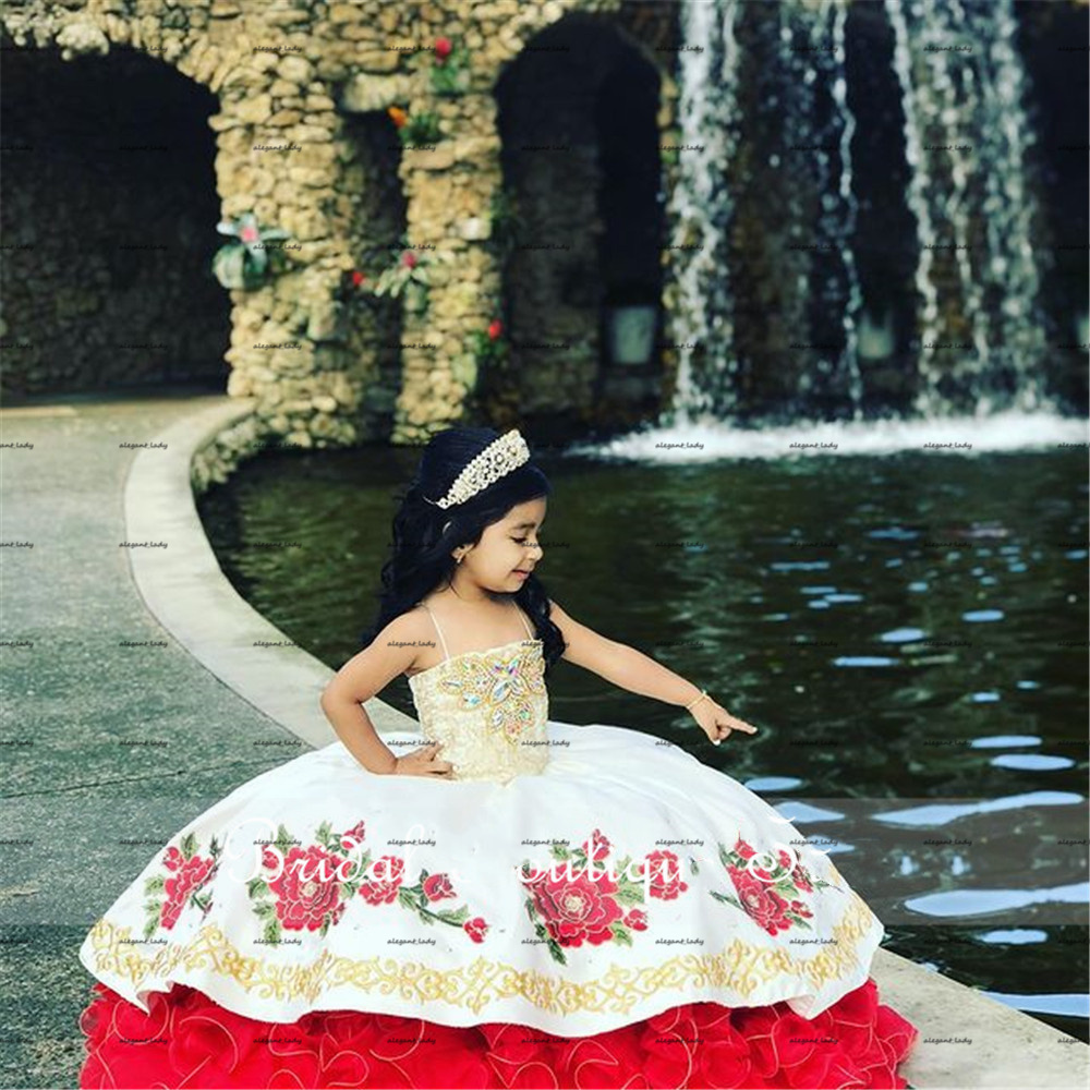 Red White Ruffles Skirt Flower Girl Dresses 2022 Luxury Princess Embroidery Floral Little Girls Infant Birthday Communion Pageant Dress Wear