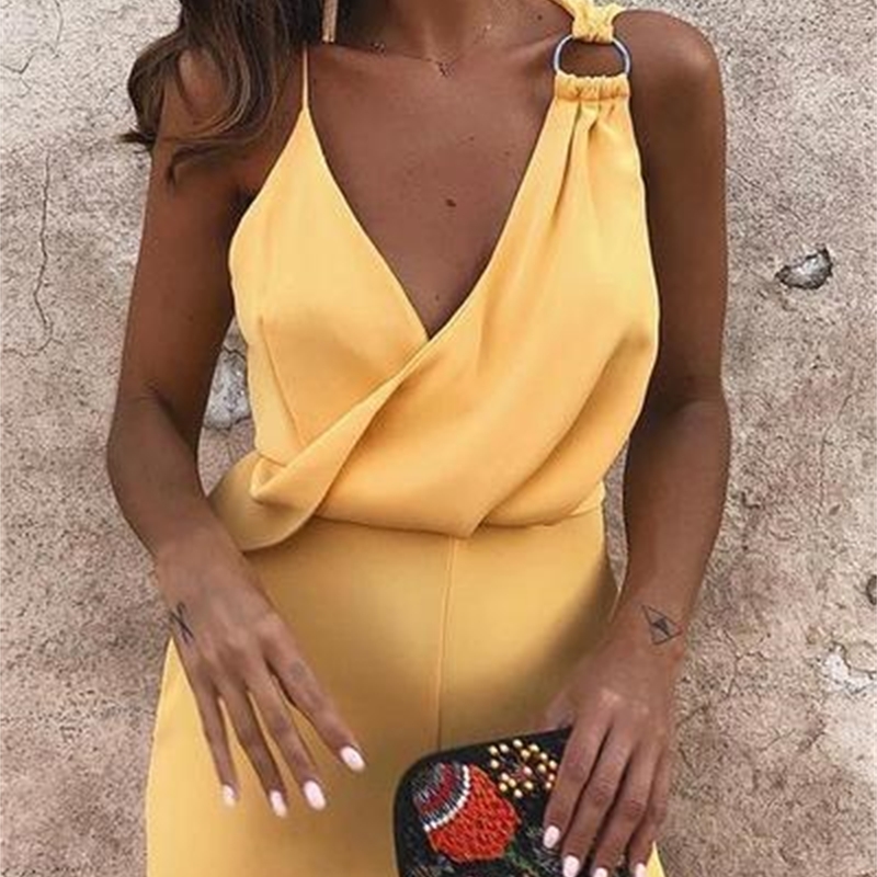 Summer Sexy Deep V Neck Party Jumpsuit Women High Waist Solid Overalls Elegant Sleeveless Long Wide Leg Pants Bodysuit XL T200509