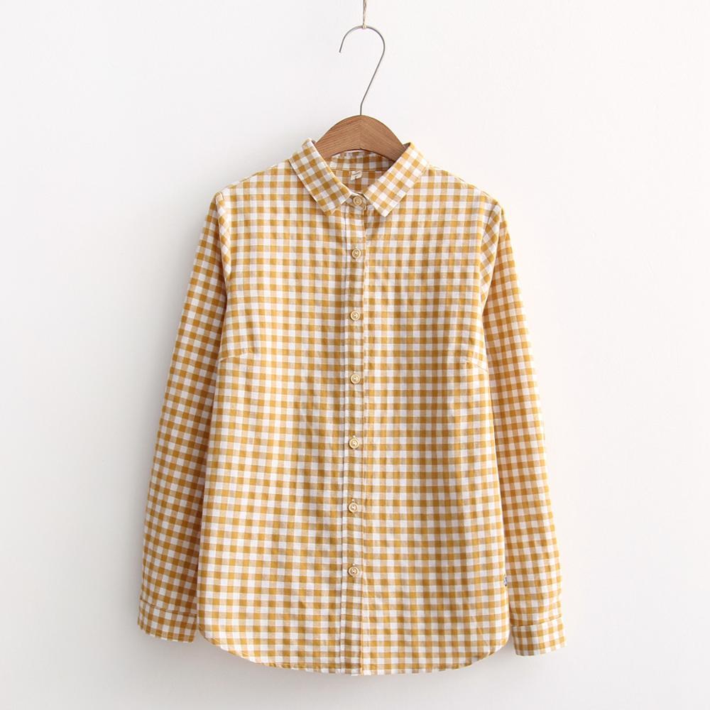 FEKEHA Cotton Long Sleeve Blouse Women With Embroidery Plaid Shirts For Women Autumn Blue Yellow Lady Tops Work Blouses Office 210225