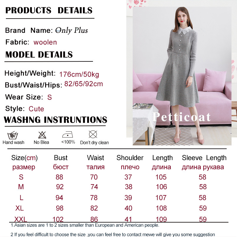 Only Plus Winter Woolen Vintage Grey Dress ALine Elegant Slim Lace Up Button Dresses Warm Office Lady Knee Female Vestidos 210303