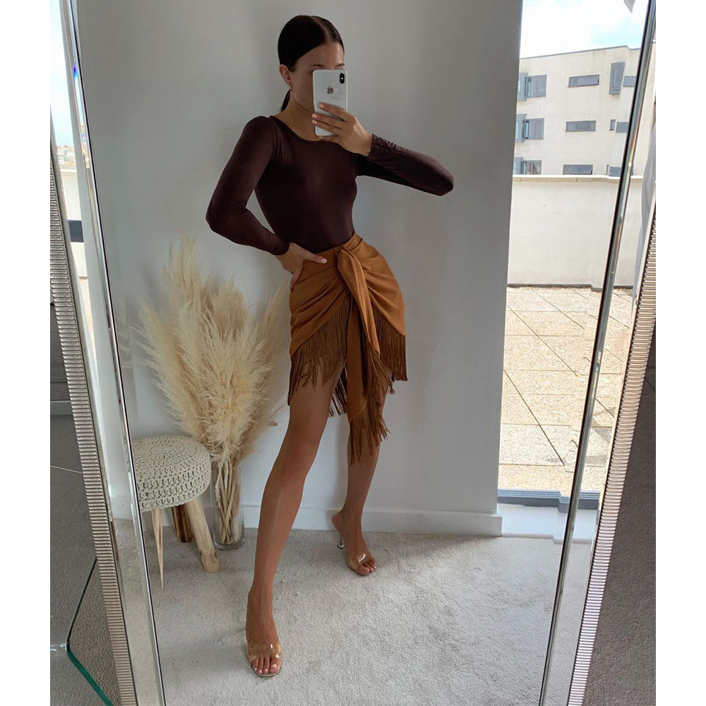 Women Skirt Fringed Highwaisted Mini Skirt Gathered detail Tassel Hem Back zip closure Casual Chic female skirts 210306